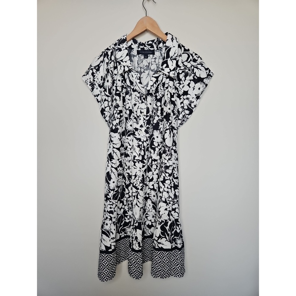 Tommy Hilfiger Shirt Dress L Black White Floral Linen Blend Cottage Coastal Chic